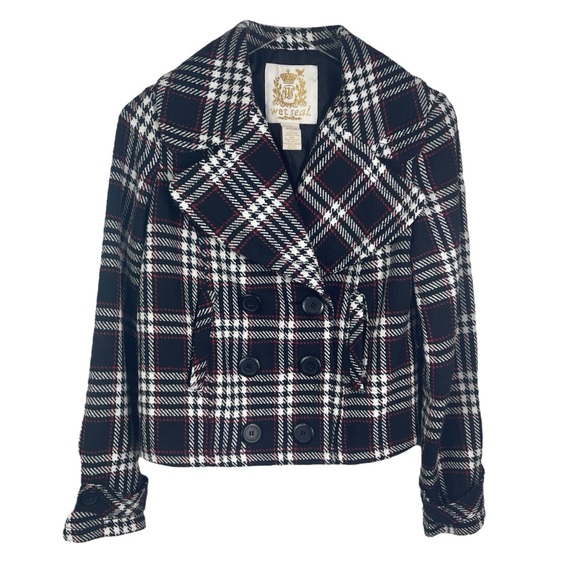 Wet Seal Peacoat Cotton Blend Double Breasted Plaid Cropped Collared Jacket - Picture 1 of 13